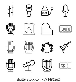 Concert icons. set of 16 editable outline concert icons such as microphone, harp, piano, guitar, musical sharp, tambourine, drum, ticket