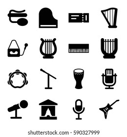 concert icons set. Set of 16 concert filled icons such as ticket, microphone, pin microphone, piano, harp, guitar, tambourine, drum