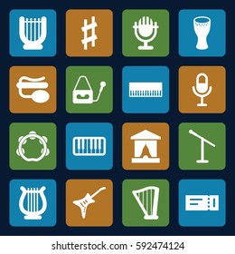 concert icons set. Set of 16 concert filled icons such as ticket, microphone, pin microphone, piano, harp, guitar, musical sharp, tambourine, drum