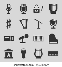 Concert icons set. set of 16 concert filled icons such as ticket, microphone, piano, harp, musical sharp, drum