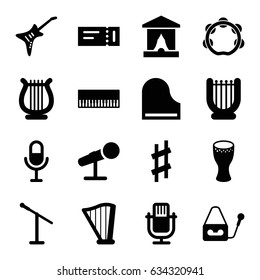 Concert icons set. set of 16 concert filled icons such as ticket, microphone, piano, harp, guitar, musical sharp, tambourine, drum