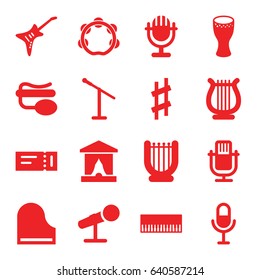 Concert icons set. set of 16 concert filled icons such as ticket, microphone, pin microphone, piano, guitar, musical sharp, harp, tambourine, drum