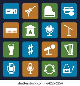 Concert icons set. set of 16 concert filled icons such as ticket, microphone, pin microphone, piano, harp, guitar, musical sharp, tambourine, drum