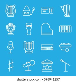 concert icons set. Set of 16 concert outline icons such as ticket, microphone, pin microphone, piano, harp, musical sharp, drum