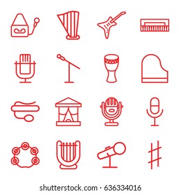 Concert icons set. set of 16 concert outline icons such as microphone, pin microphone, piano, harp, guitar, musical sharp, tambourine, drum