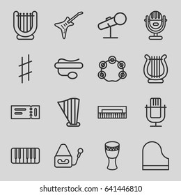Concert icons set. set of 16 concert outline icons such as ticket, pin microphone, microphone, piano, harp, guitar, musical sharp, tambourine