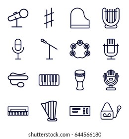 Concert icons set. set of 16 concert outline icons such as ticket, microphone, pin microphone, piano, harp, musical sharp, tambourine
