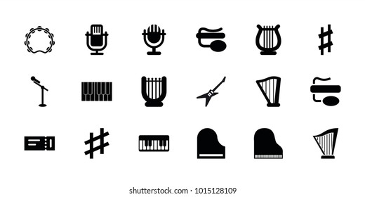 Concert icons. set of 18 editable filled concert icons: ticket, microphone, harp, pin microphone, piano, musical sharp, guitar