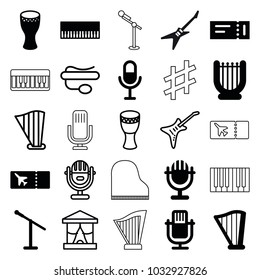 Concert icons. set of 25 editable filled and outline concert icons such as ticket, piano, microphone, harp, drum, stage, pin microphone, guitar