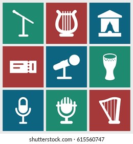 Concert icons set. set of 9 concert filled icons such as ticket, microphone, harp, drum