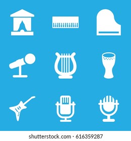 Concert icons set. set of 9 concert filled icons such as piano, guitar, harp, drum, microphone