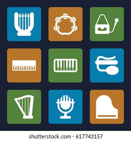 Concert icons set. set of 9 concert filled icons such as pin microphone, microphone, piano, harp
