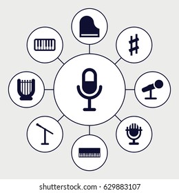 Concert icons set. set of 9 concert filled icons such as microphone, piano, musical sharp