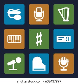 Concert icons set. set of 9 concert filled icons such as ticket, pin microphone, piano, harp, musical sharp
