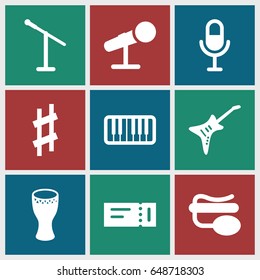 Concert icons set. set of 9 concert filled icons such as ticket, microphone, pin microphone, piano, guitar, musical sharp