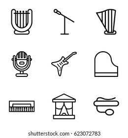 Concert icons set. set of 9 concert outline icons such as pin microphone, piano, harp, guitar, microphone