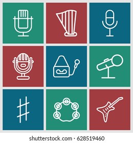 Concert icons set. set of 9 concert outline icons such as microphone, harp, guitar, musical sharp
