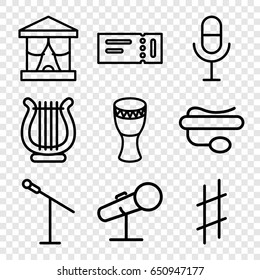 Concert icons set. set of 9 concert outline icons such as ticket, microphone, pin microphone, musical sharp, harp, drum