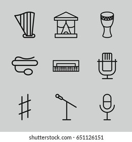 Concert icons set. set of 9 concert outline icons such as microphone, pin microphone, harp, musical sharp, drum, piano