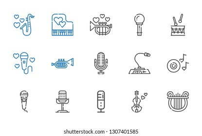 concert icons set. Collection of concert with lyre, violin, microphone, romantic music, trumpet, drum, piano, saxophone. Editable and scalable concert icons.