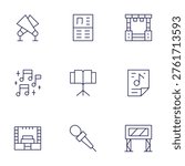 Concert icons set. Thin Line style, editable stroke. poster, stage, festival, spotlights, microphone, music, bigscreen, musicstand.