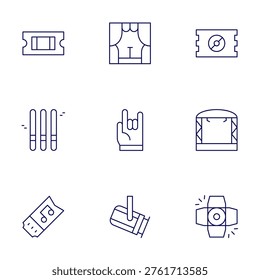 Concert icons set. Thin Line style, editable stroke. ticket, spotlight, rockandroll, stage, lightstick.