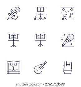 Concert icons set. Thin Line style, editable stroke. musicstand, rock, stage, microphone, rockandroll, party.