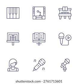 Concert icons set. Thin Line style, editable stroke. piano, tomorrowland, microphone, rocker, musicsheet, sing.