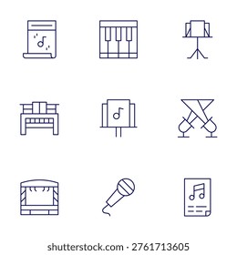 Concert icons set. Thin Line style, editable stroke. piano, microphone, poster, musicstand, spotlight, stage.