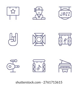Concert icons set. Thin Line style, editable stroke. dj, bigscreen, jazz, music, piano, rock, musicfestival, spotlight, stage.