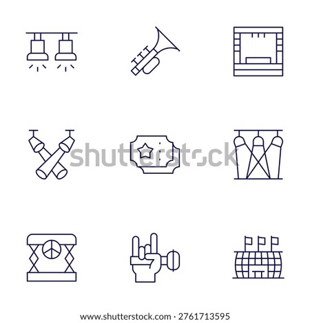 Concert icons set. Thin Line style, editable stroke. stage, rock, spotlight, spotlights, ticket, stadium, trumpet.