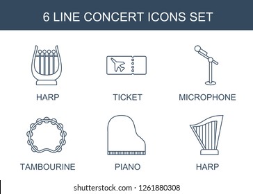 concert icons. Trendy 6 concert icons. Contain icons such as harp, ticket, microphone, tambourine, piano. concert icon for web and mobile.