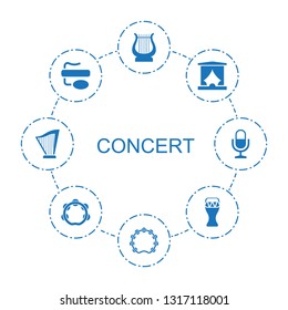 concert icons. Trendy 8 concert icons. Contain icons such as harp, tambourine, stage, pin microphone, drum, microphone. concert icon for web and mobile.