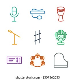 concert icons. Trendy 9 concert icons. Contain icons such as piano, tambourine, ticket, microphone, musical sharp, drum, pin microphone. concert icon for web and mobile.