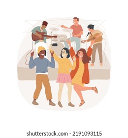 Concert isolated cartoon vector illustration. Diverse teens at concert, leisure time, band playing live on stage, teenagers nightlife, friends happy together, music fans, event vector cartoon.