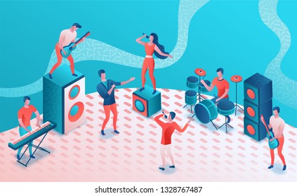 Concert Isometric 3d Illustration, Modern Music Radio Show Or Audio Blog Concept, Vector Landing Page, Singing Contest, Microphone, Podcast Recording Sound Studio, Living Coral Color, Pattern