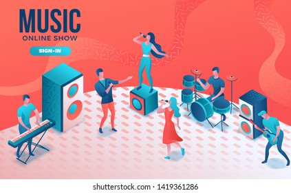 Concert isometric 3d illustration, modern music radio show or audio blog concept, vector landing page, singing contest, microphone, podcast recording sound studio, living coral color, pattern