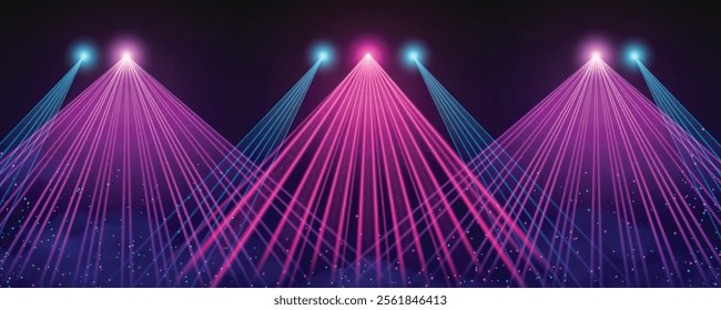 Concert laser lights on stage background. Vector realistic illustration of pink and blue neon illumination for nightclub show, dance party, disco or music show backdrop, podium with shimmering effect