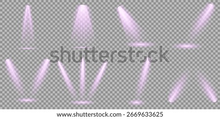 Concert lighting set includes soft beams Empty stage with spotlights. Light sources on dark wall, realistic soft concert light on abstract stage png. Multiple beam angles suit event or product scenes.