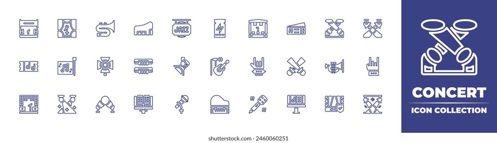 Concert line icon collection. Editable stroke. Vector illustration. Containing concert, stage, concertticket, spotlight, lights, microphone, light, musicstand, rock, trumpet, musicsheet, flag.