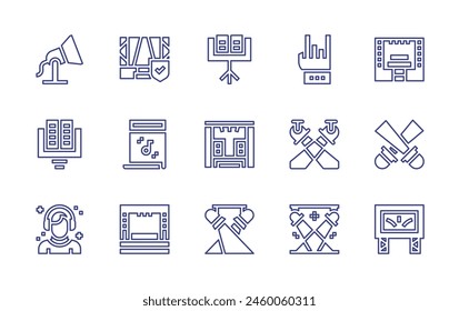 Concert line icon set. Editable stroke. Vector illustration. Containing musicstand, spotlight, dj, stage, rock, bigscreen, poster, event.