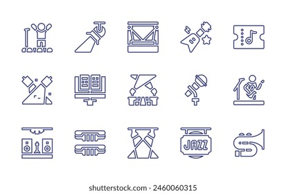 Concert line icon set. Editable stroke. Vector illustration. Containing lights, ticket, electricguitar, jazz, spotlight, festival, trombone, stage, musicsheet, microphone, bracelets.
