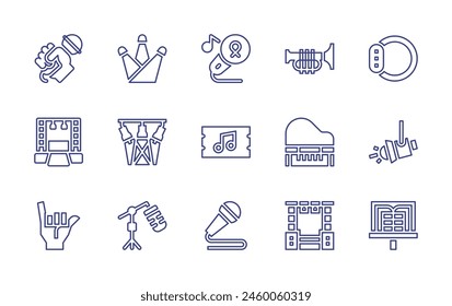 Concert line icon set. Editable stroke. Vector illustration. Containing stage, microphone, musicsheet, charity, lights, concert, micstand, hand, ticket, spotlights, trumpet, spotlight, bracelet.