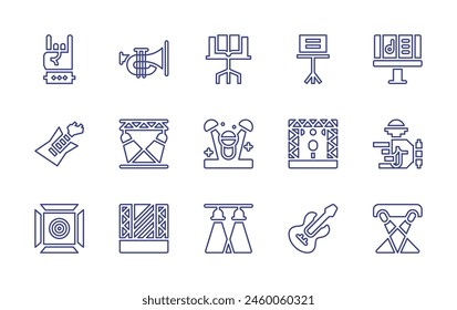 Concert line icon set. Editable stroke. Vector illustration. Containing concert, stand, spotlight, hand, electricguitar, microphone, musicstand, spotlights, stage, trumpet.