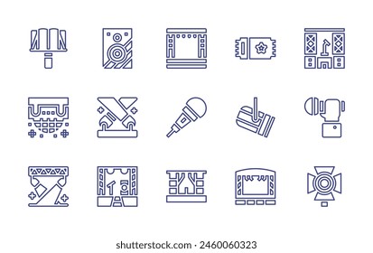 Conjunto de iconos de línea de concierto. Trazo editable. Ilustración vectorial. Conteniendo escenario, concierto, micrófono, foco, luz, musicstand, audio, altavoz, ticket.