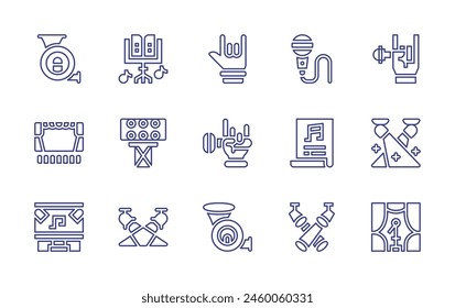 Conjunto de iconos de línea de concierto. Trazo editable. Ilustración vectorial. Conteniendo concierto, póster, foco, mano, teatro, frenchhorn, rock, escenario, micrófono, focos, puesto de música.