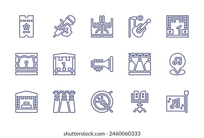 Concert line icon set. Editable stroke. Vector illustration. Containing microphone, stage, concert, music, trumpet, drum, ticket, musicstand, spotlight, flag.