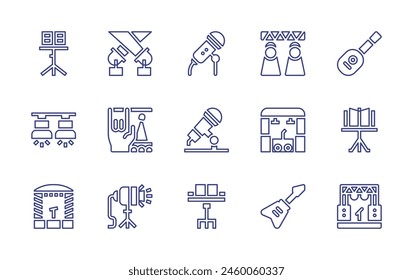 Symbol für Konzertlinie gesetzt. Bearbeitbarer Strich. Vektorillustration. Mit Konzert, Bühne, Festival, E-Gitarre, Gitarre, Spotlight, Mikrofon, Notenpult, Spotlights.