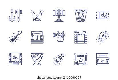 Concert line icon set. Editable stroke. Vector illustration. Containing stage, spotlight, electricguitar, concert, concertticket, hand, rock, guitar, tomorrowland, musicstand, lightstick.