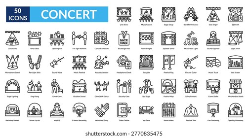Concert Line Icon Set. Live Show, Music Crowd, Stage Setup, Band Performance, Solo Singer, Dj Booth, Light Show
